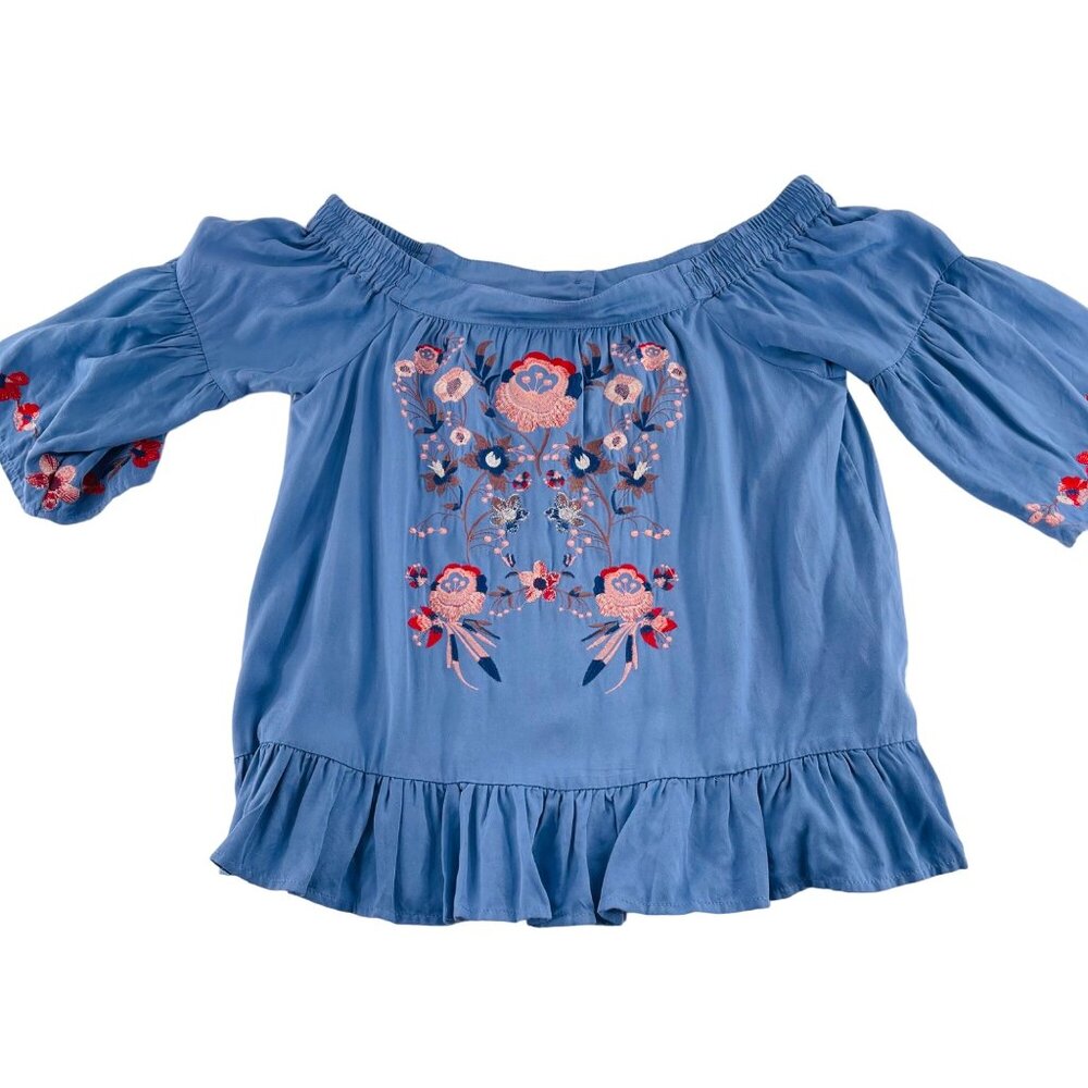Anthropologie Maeve Off-Shoulder Top Blue‎ Floral Embroidered Womens Size S